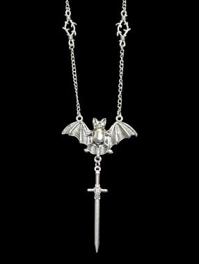 NWT Handmade Goth Punk Silver Bat Dangly Sword Long Necklace